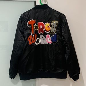 EUC Oversized Black Torch World Embroidered Vintage Streetwear Bomber